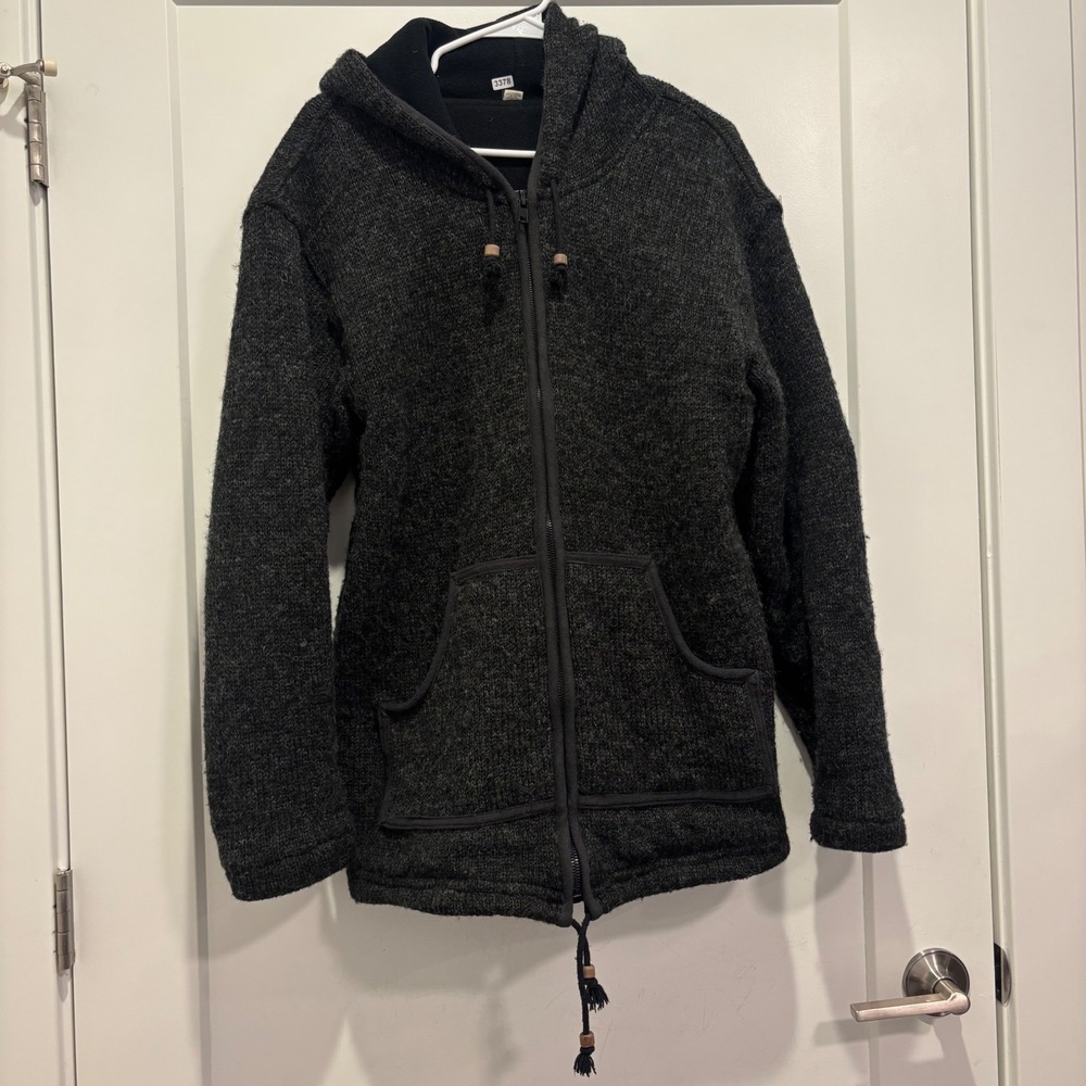 Nepal Hand Knit 100% Wool Fleece Lined Full Zip Hoodie Charcoal Grey XL